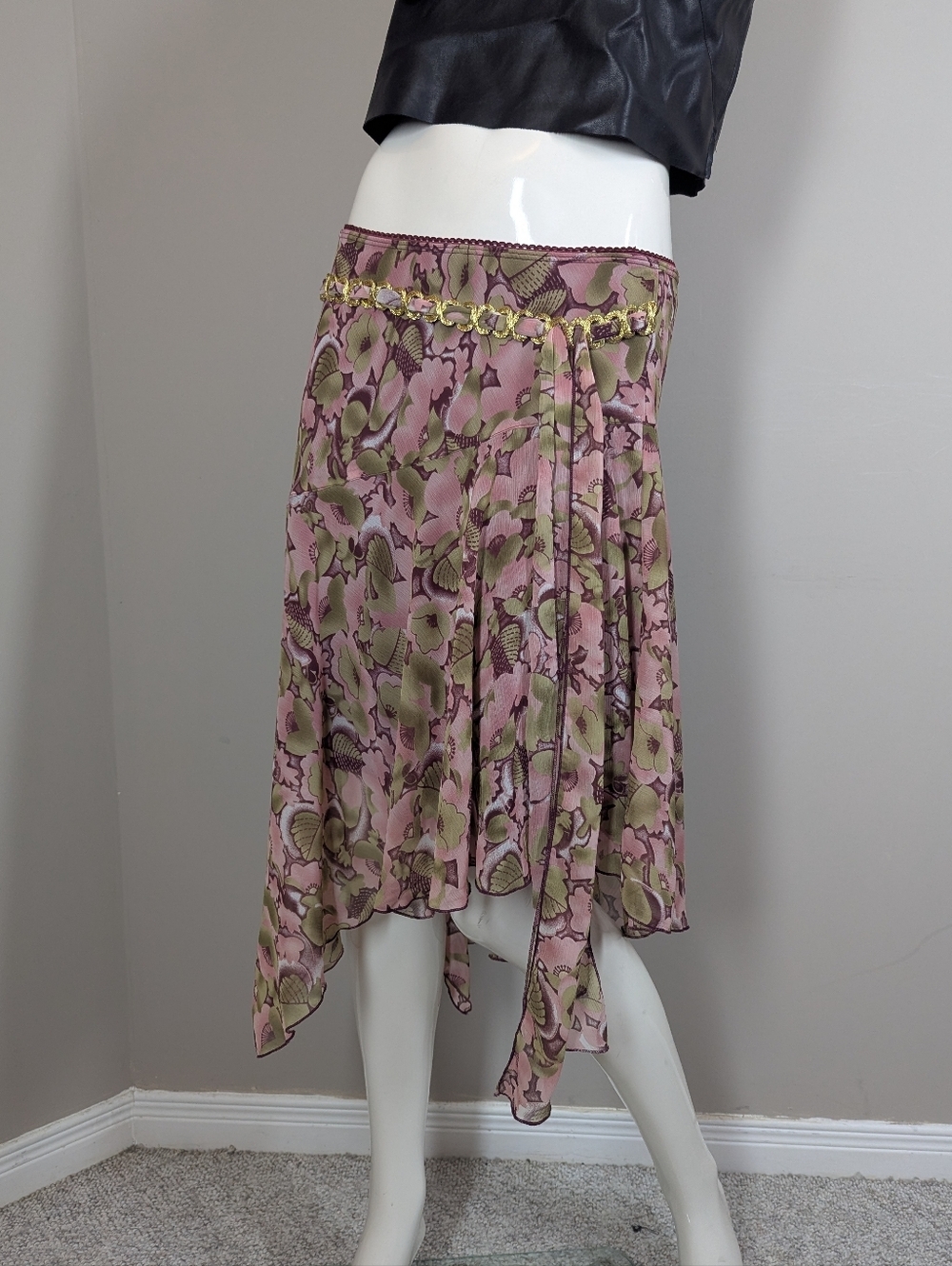 Y2K XOXO Asymmetrical Floral Skirt Chain Belt Pink Green Midi Skirt M